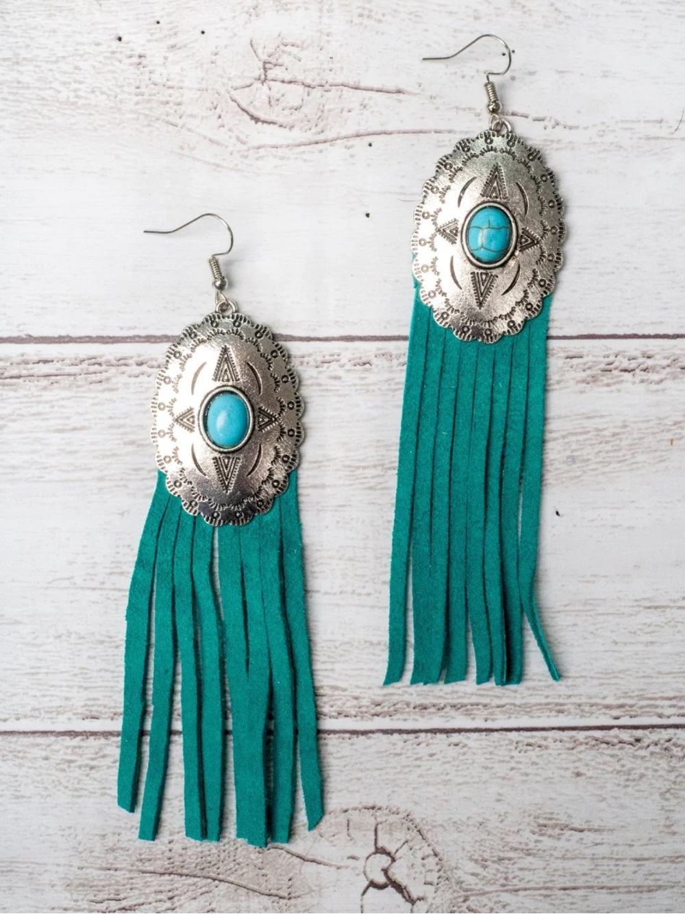 New Turquoise Silver Concho Earrings Turquoise Leather Lace Tassels Rustic
